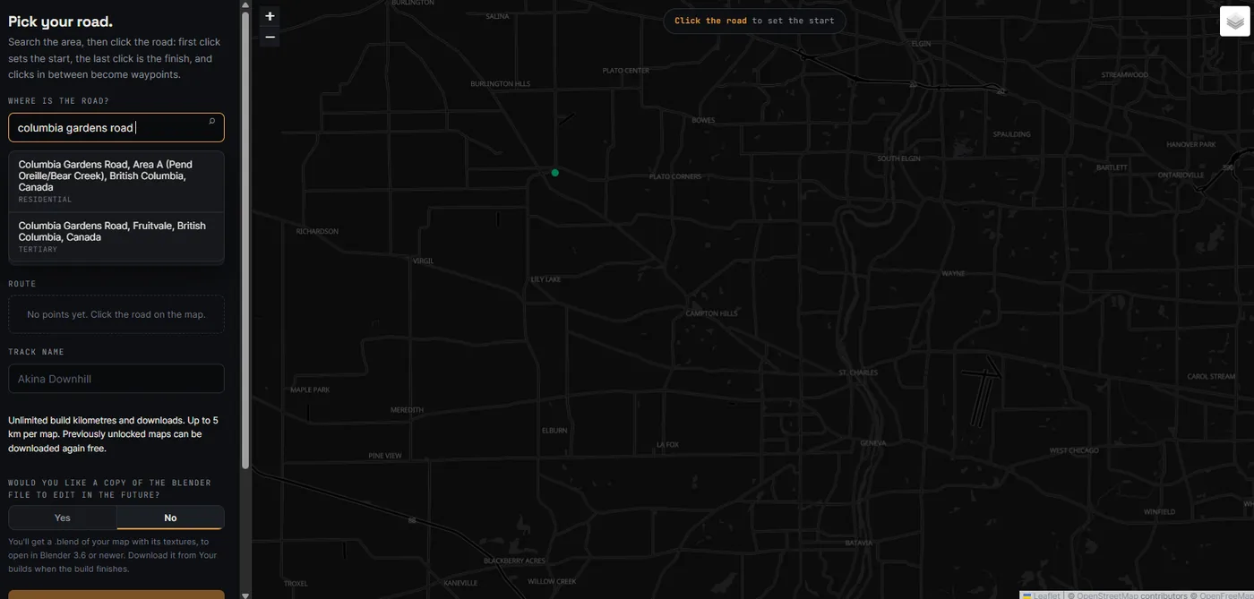 Drift Maps builder searching for Columbia Gardens Road, with matching roads in British Columbia listed