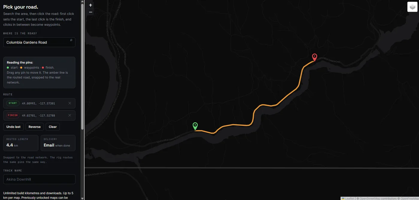 Start and finish pins on Seven Mile Dam Road with the 4.4 km route traced in orange along the river