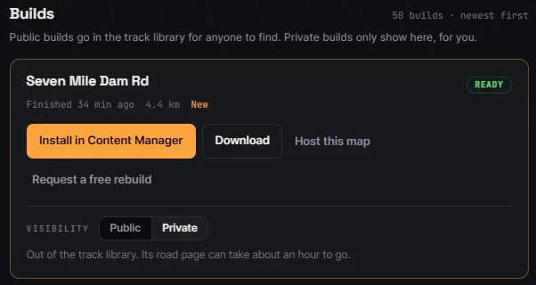 A finished Drift Maps track with an Install in Content Manager button next to Download