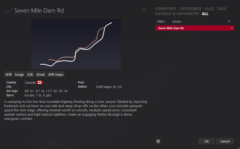 Seven Mile Dam Rd in Content Manager's track list: 4.4 km, Canada, with the track outline and description