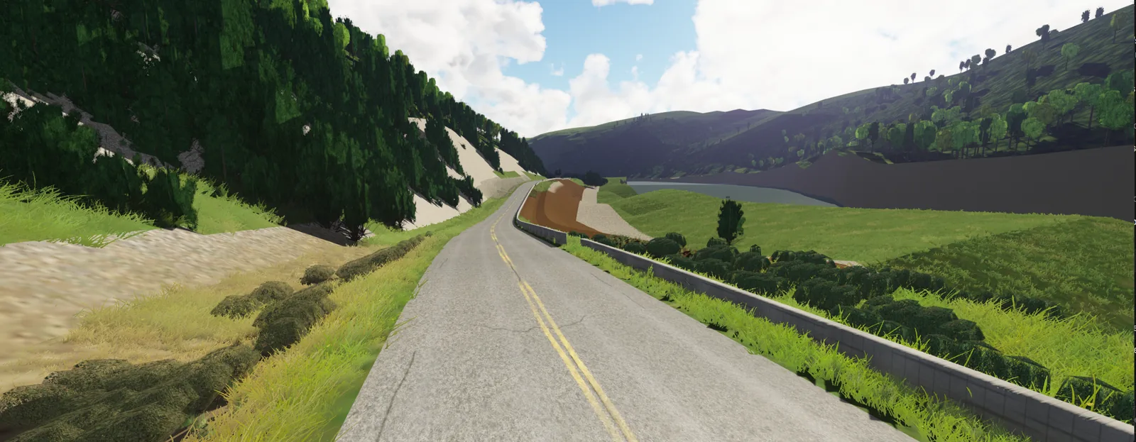Seven Mile Dam Rd in Assetto Corsa: two-lane road with a rock cut on the left and a concrete parapet above the river on the right